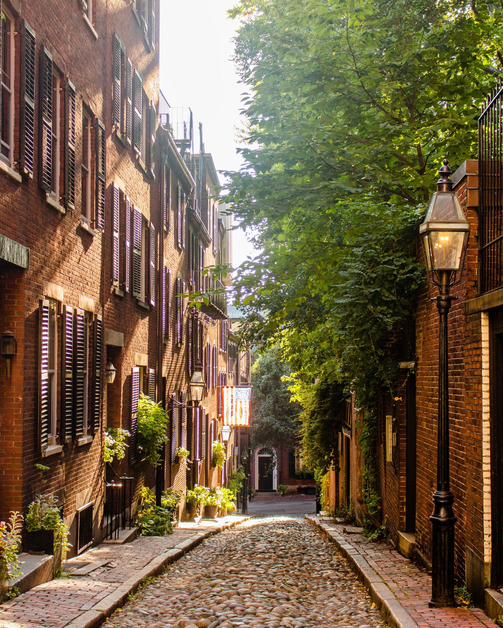 Cobbled Acorn Street lined with brick houses