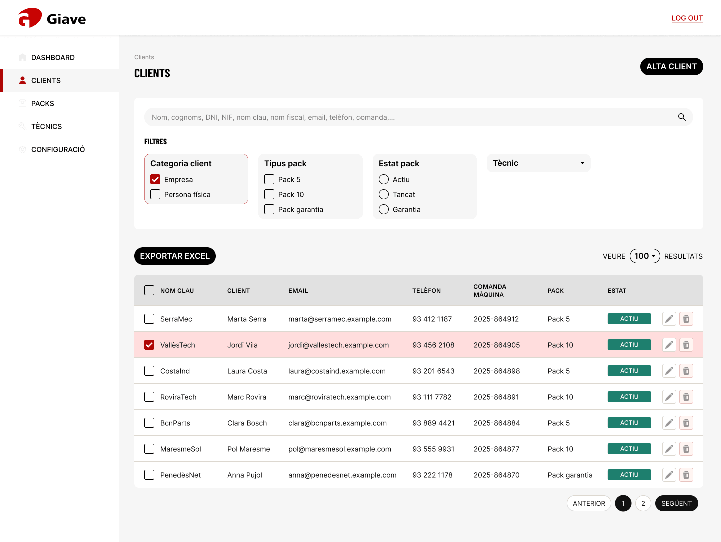 Clients list with filters by customer type, pack and status
