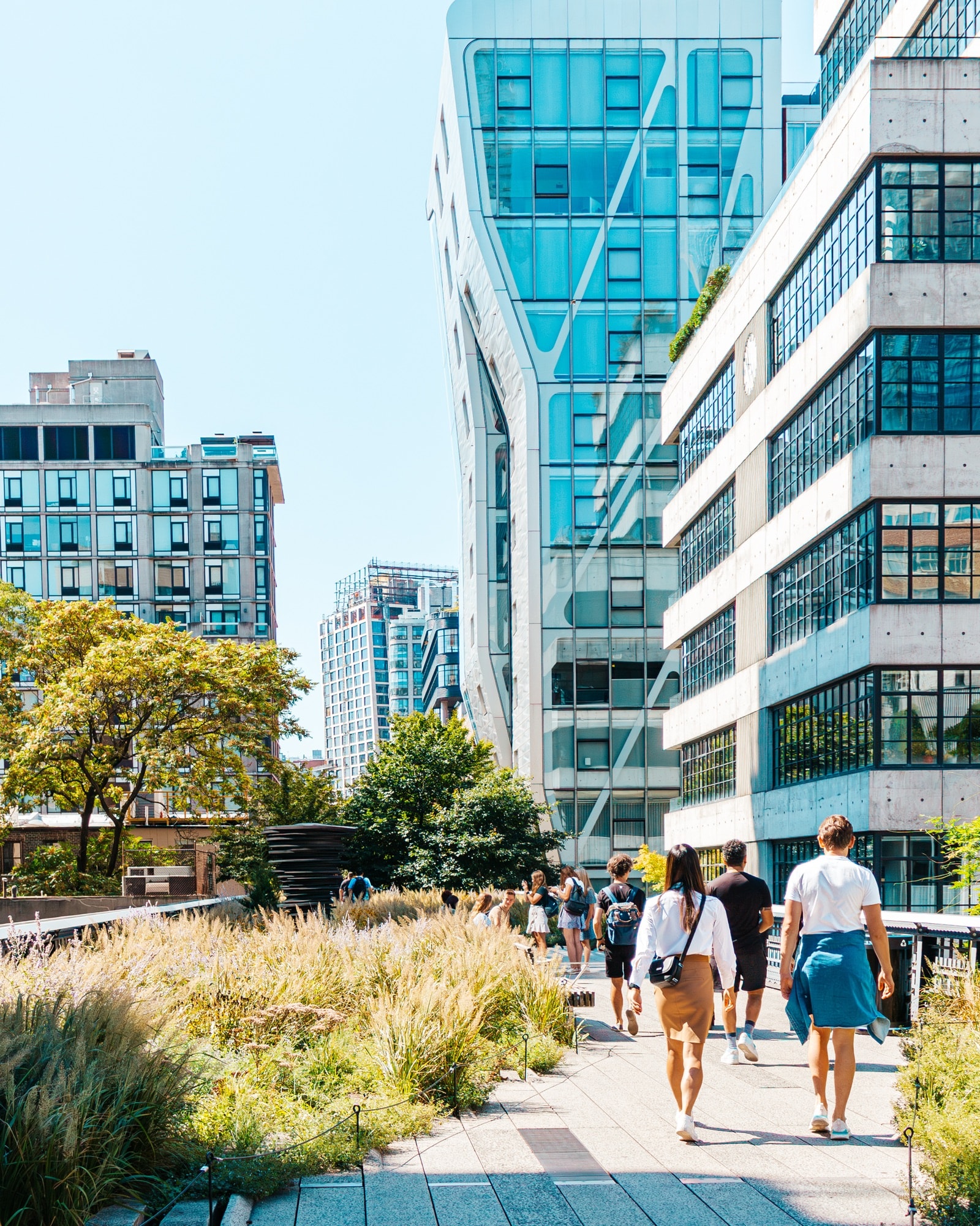 Walking the High Line among glass towers