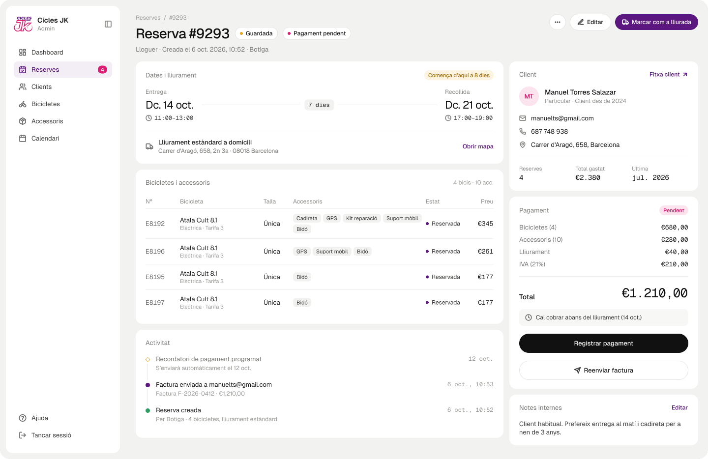 Booking record with delivery and bikes