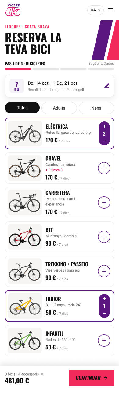 Mobile booking step 1: bikes