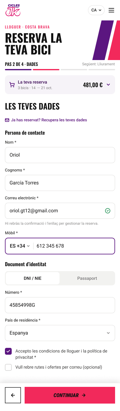 Mobile booking step 2: details