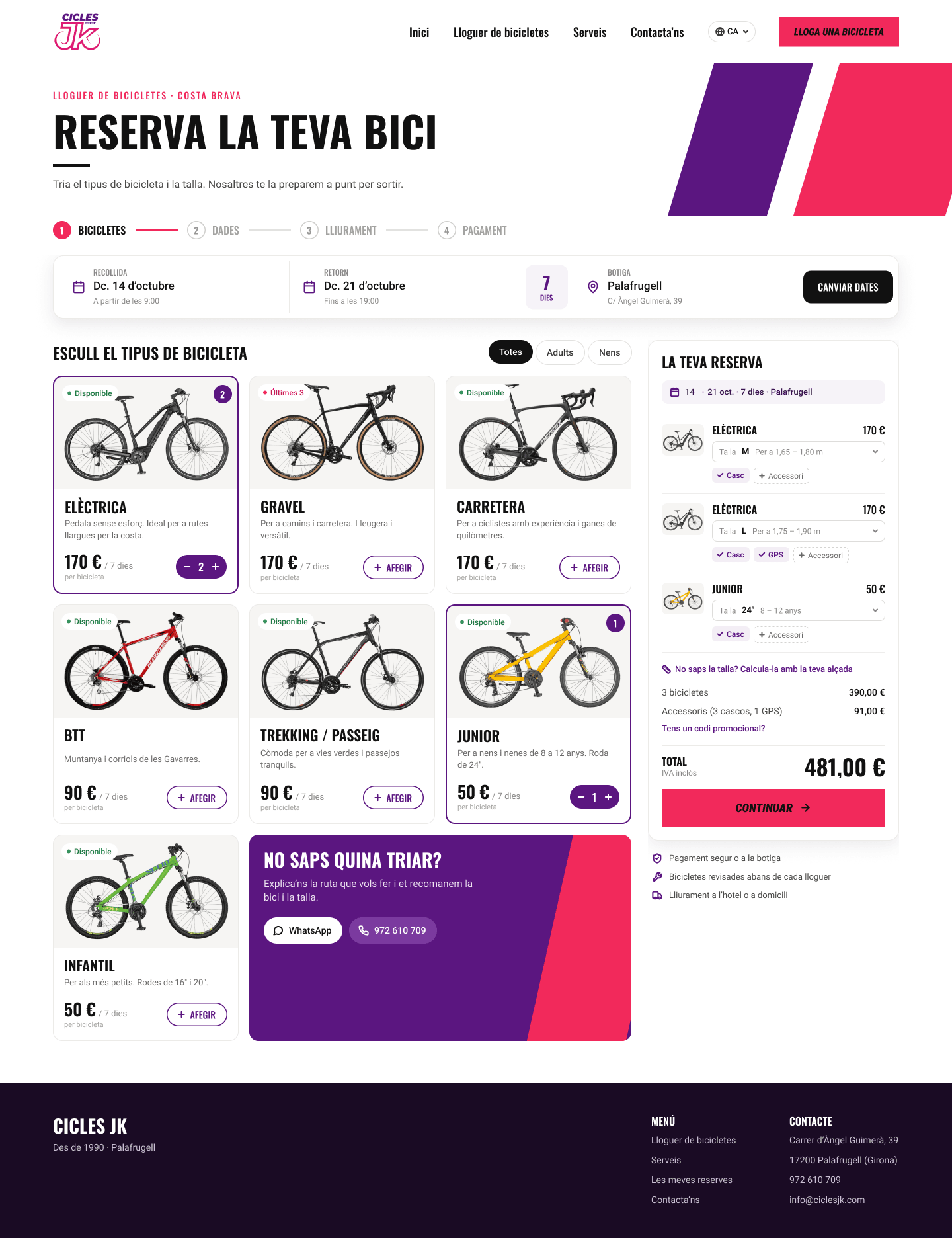 Public booking: choose a type of bike and size
