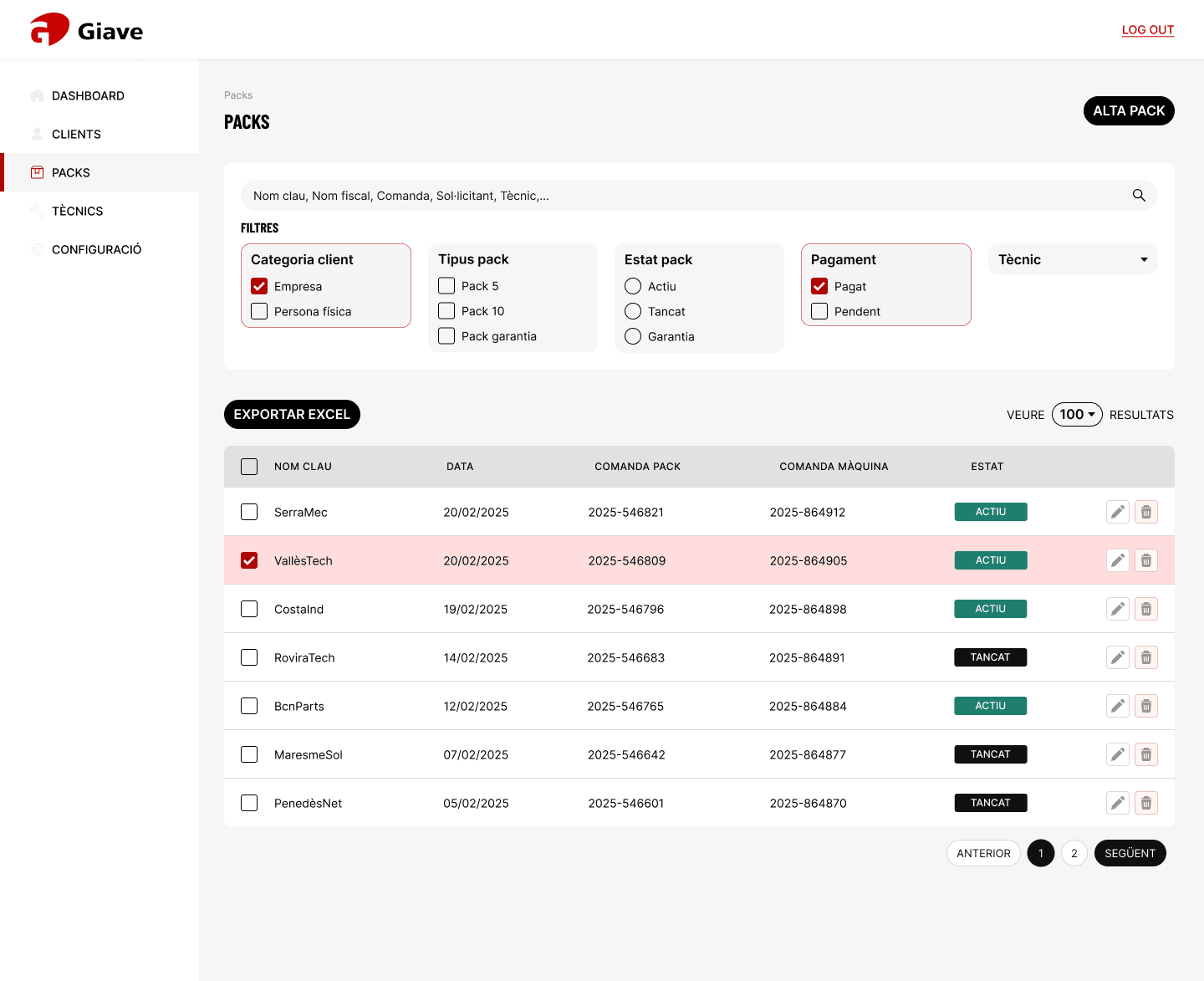 Packs list with payment and status filters