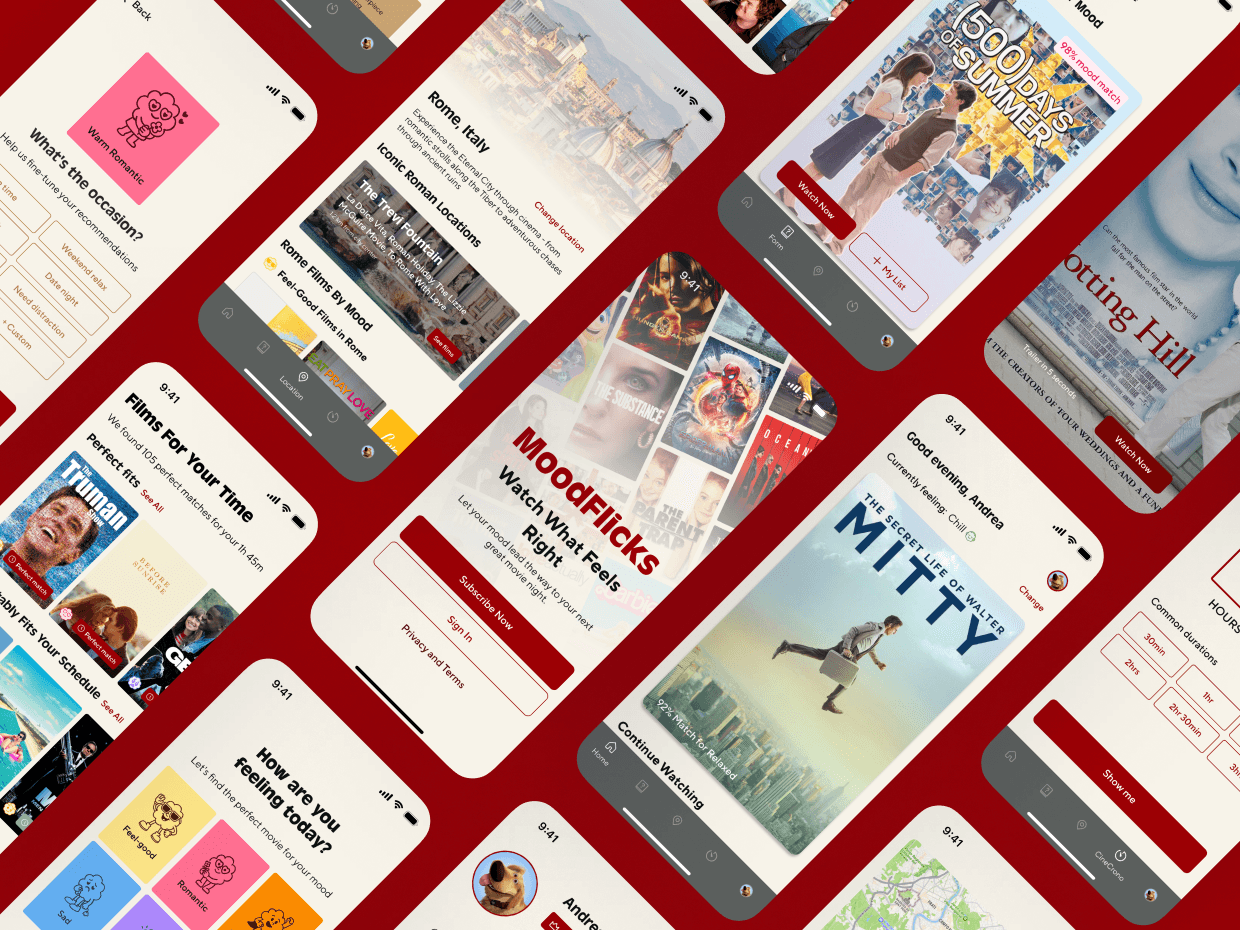MoodFlicks screens tilted on a red background