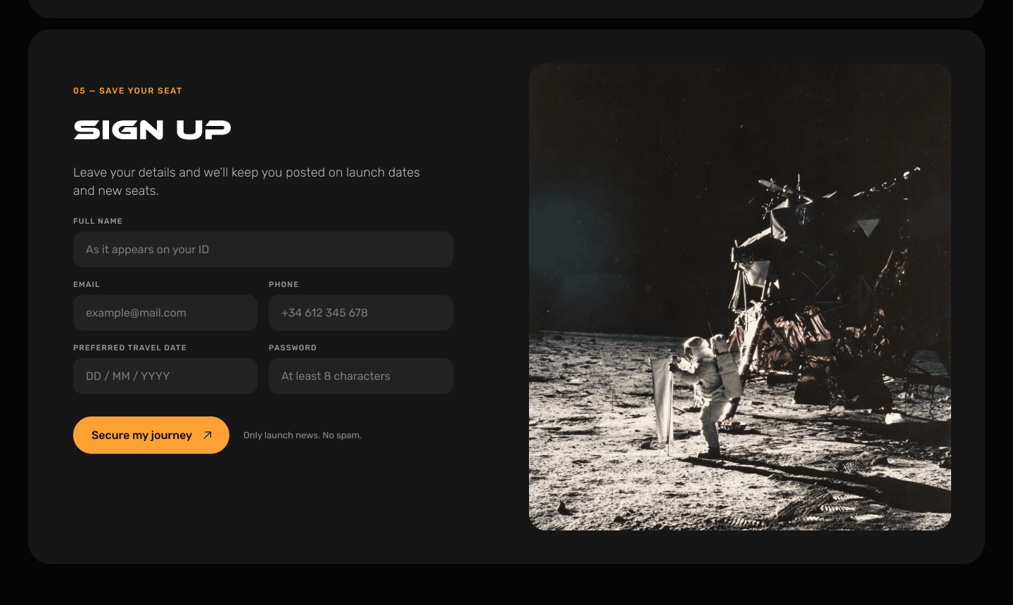 Final redesign sign-up: two columns of fields and one orange button