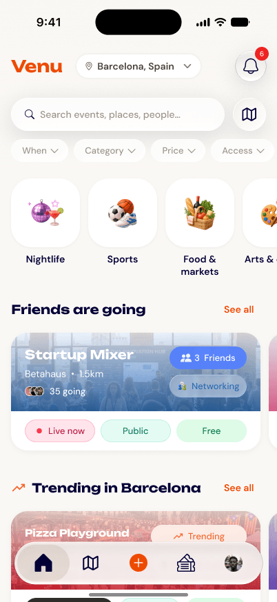 Venu home screen with categories and events friends are going to