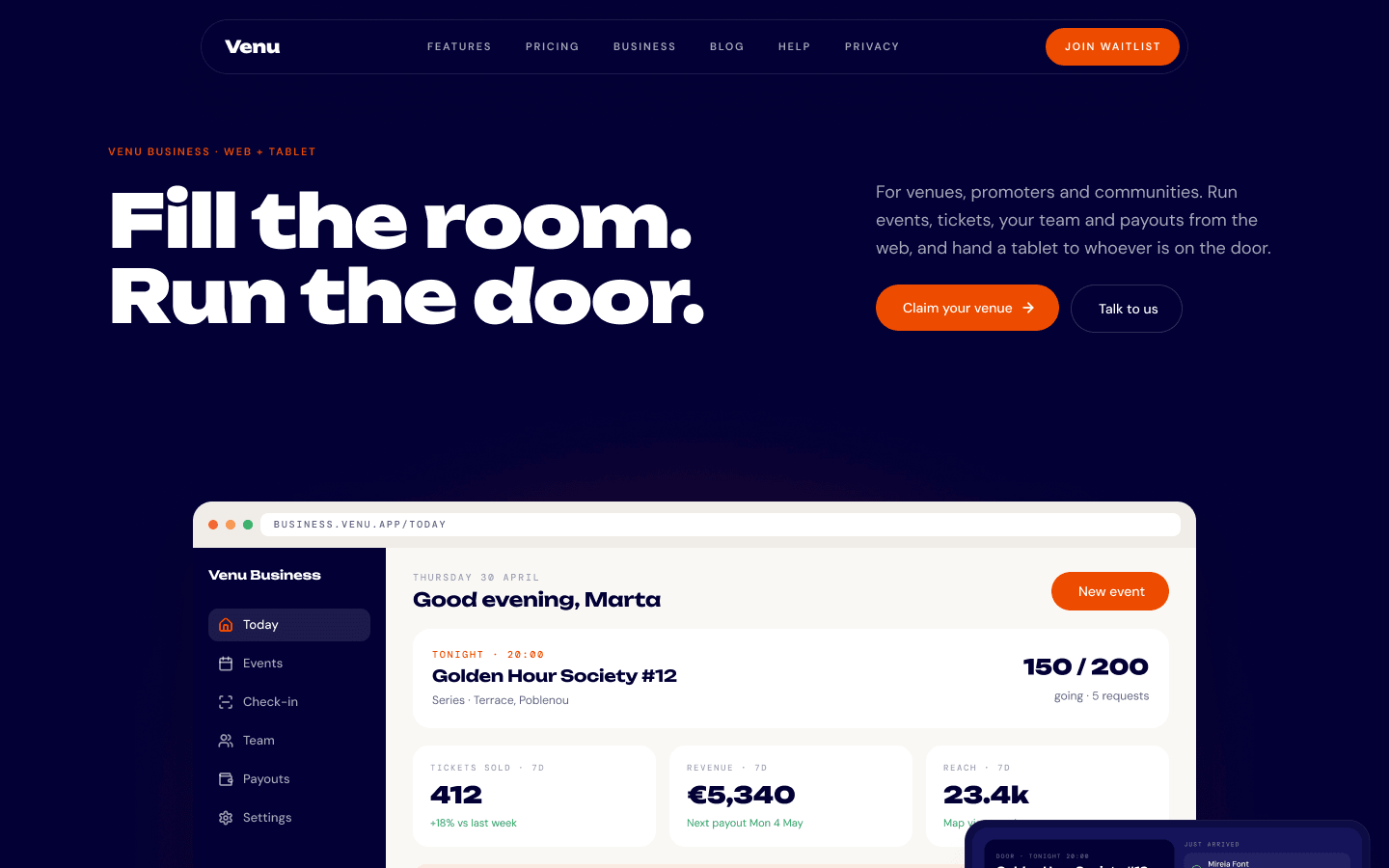 Business page: “Fill the room. Run the door.” with the venue dashboard