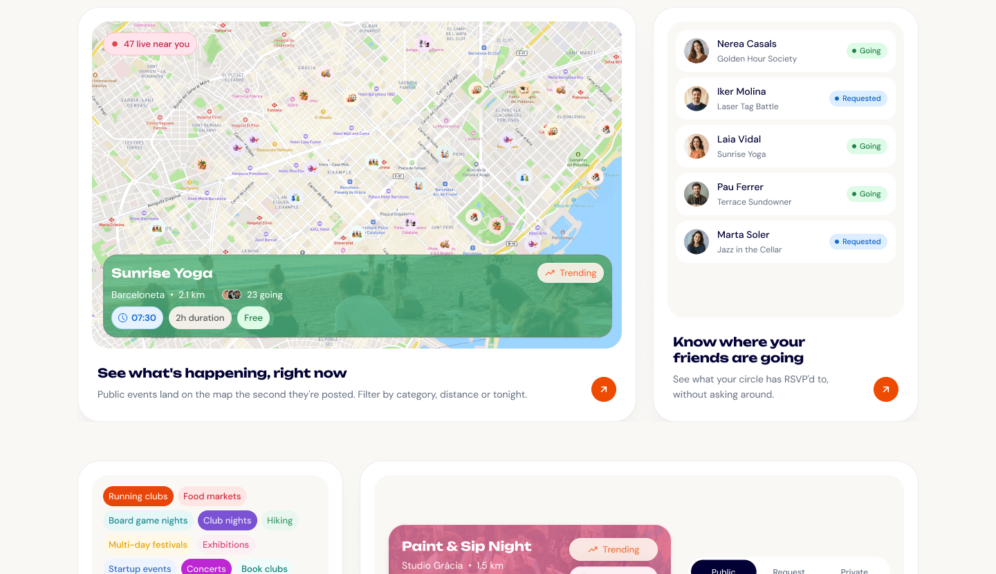 Feature cards with a live map of Barcelona and friends’ RSVPs