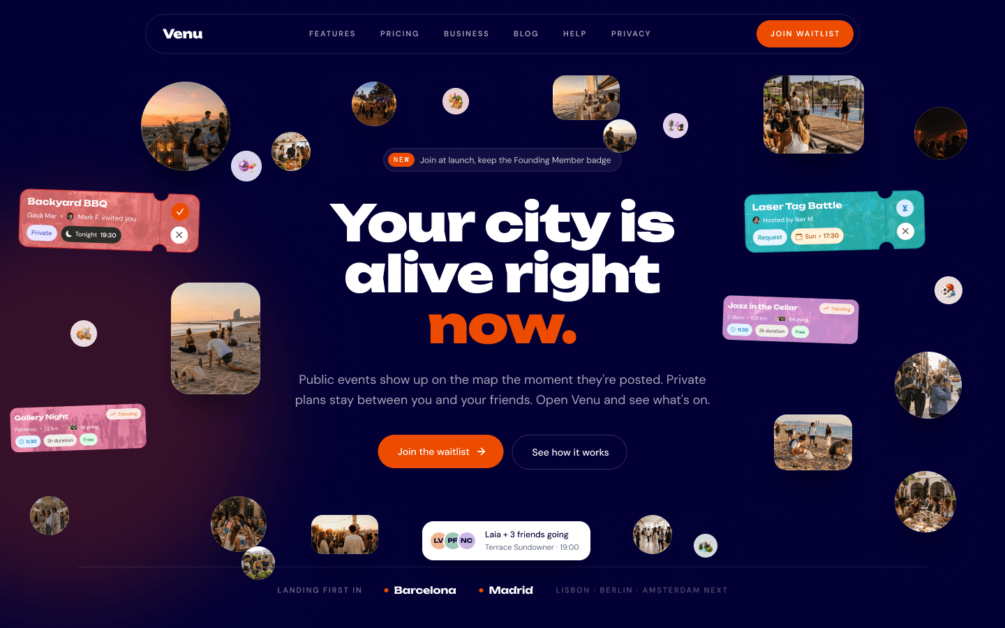 Venu website hero: “Your city is alive right now” over scattered event photos
