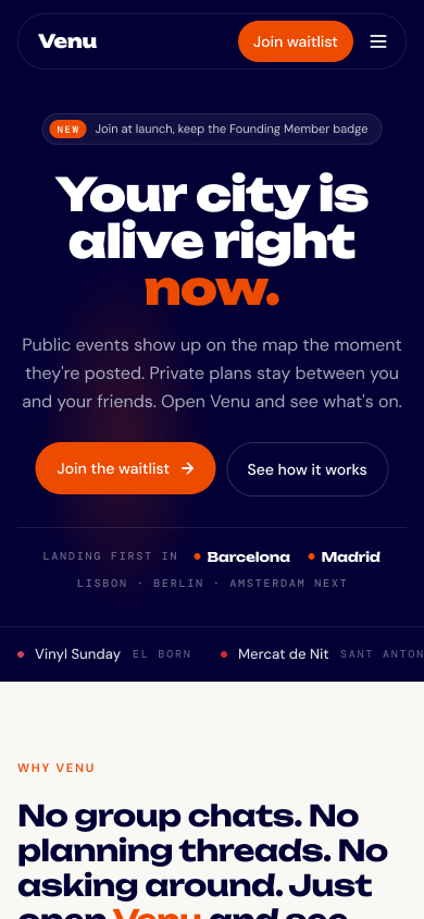 Venu website home on mobile