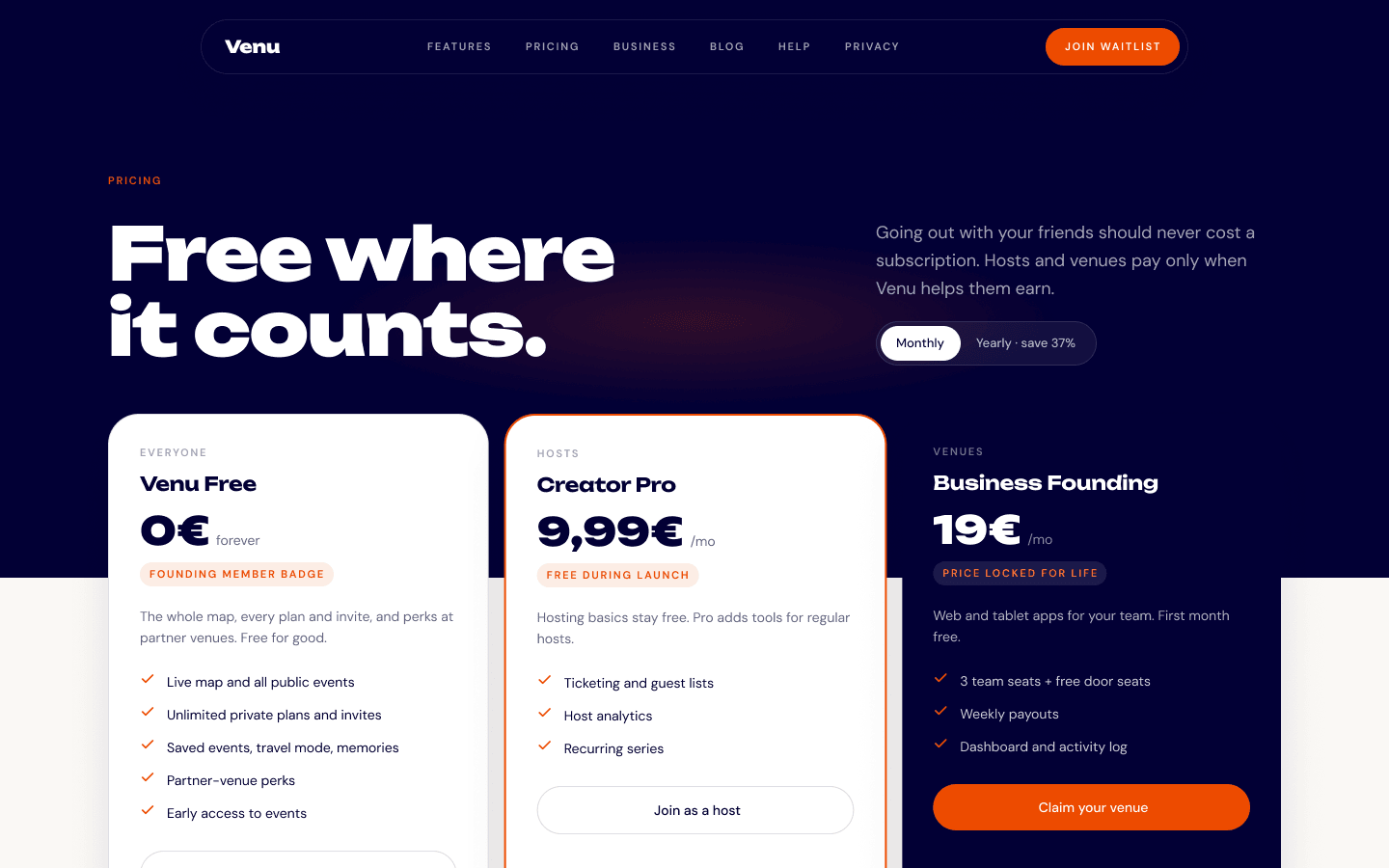 Pricing page with Free, Creator Pro and Business Founding plans